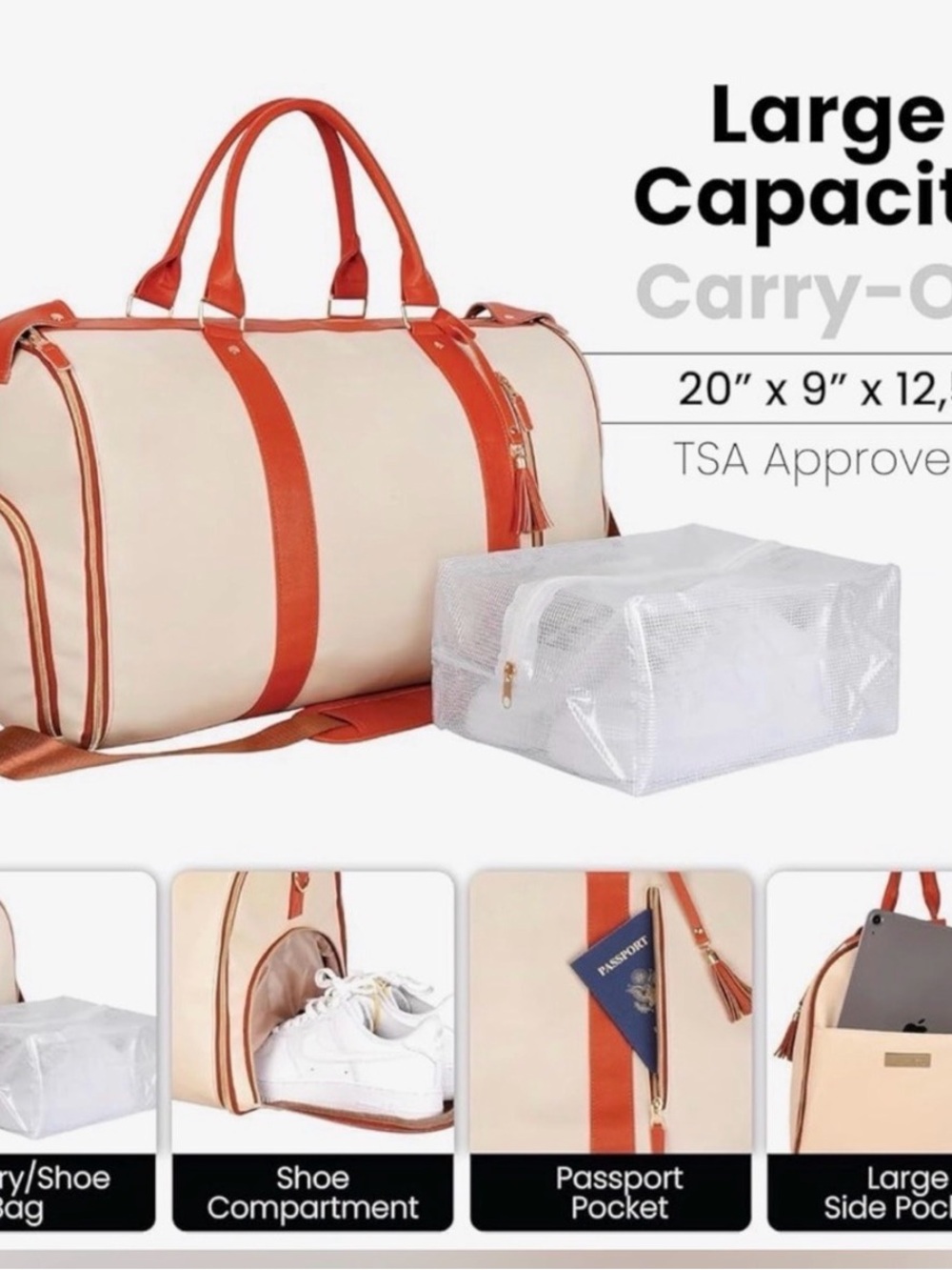 Luhxe Cream and Orange leather Travel Duffel Bag - Stylish Weekender & Carryon